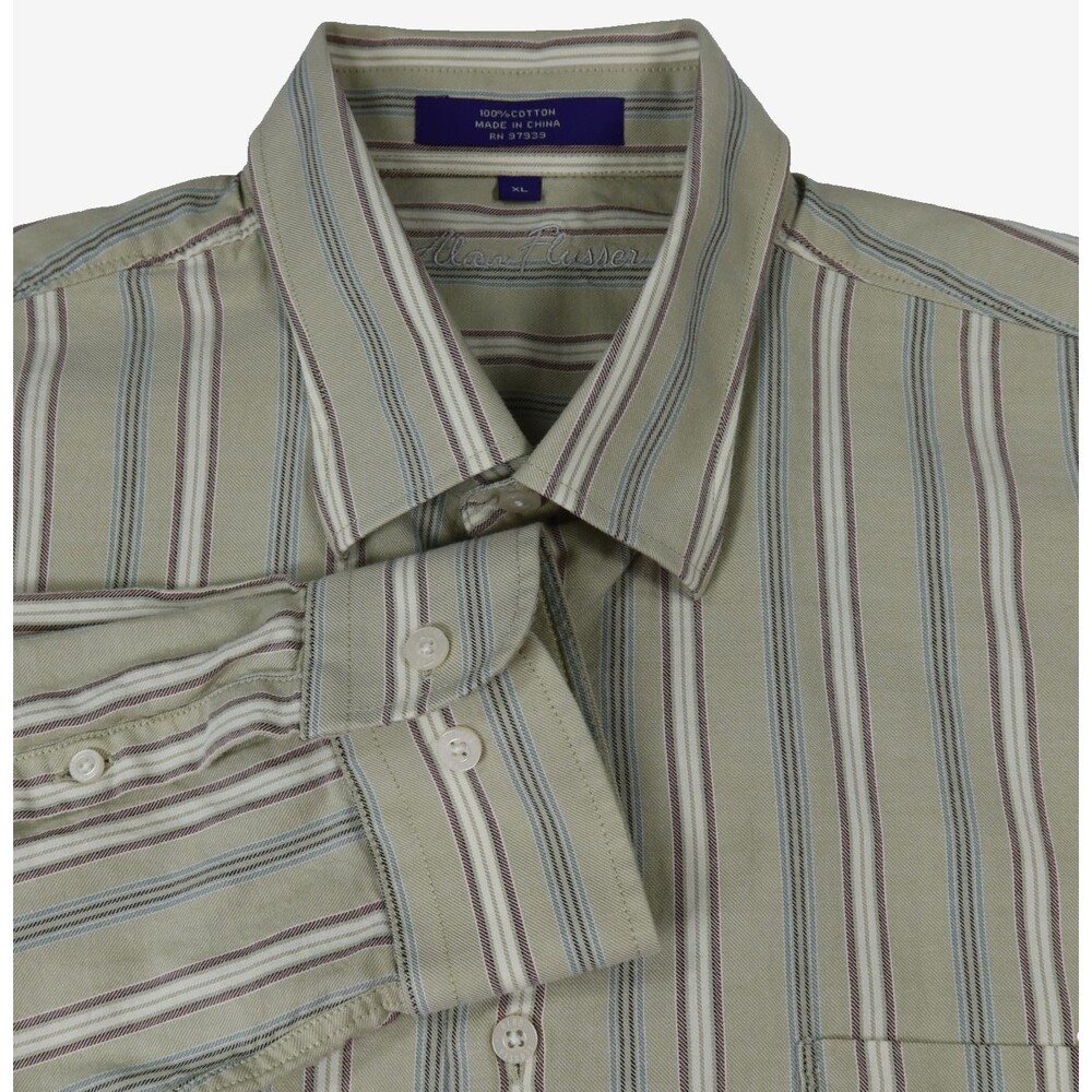 Alan Flusser Long Sleeve Shirt Mens Size XL Green Striped Button Up 100% Cotton